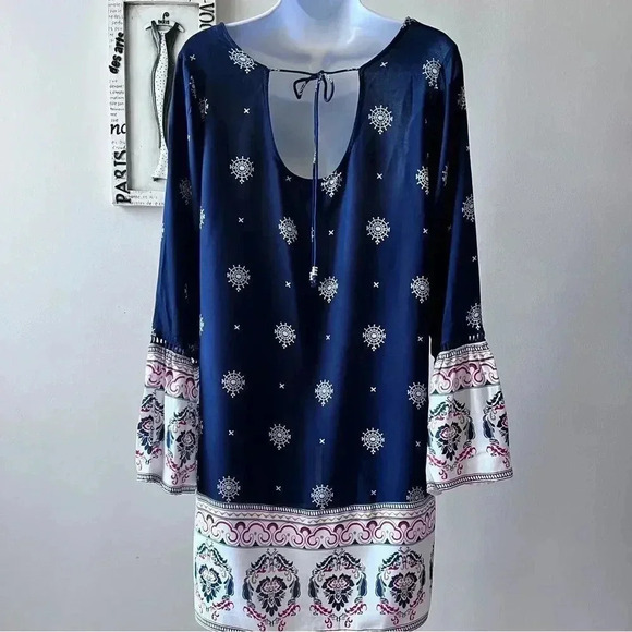 C Label Boho Blue Printed Tunic Mini Dress Size S - Picture 3 of 10